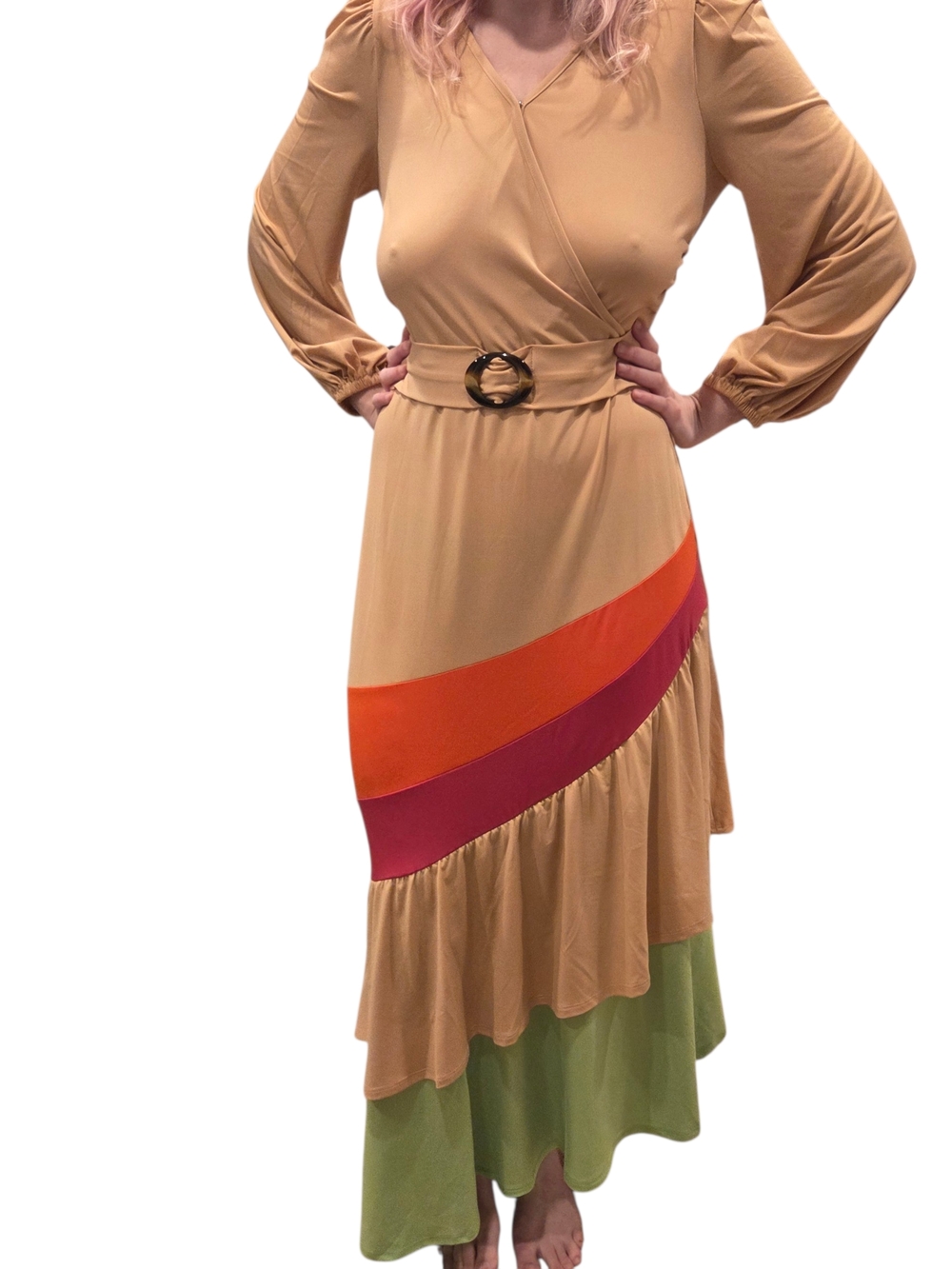 Nanette Lepore Tan Colorblock Midi Dress Belted Waist Pink Orange Green Size S